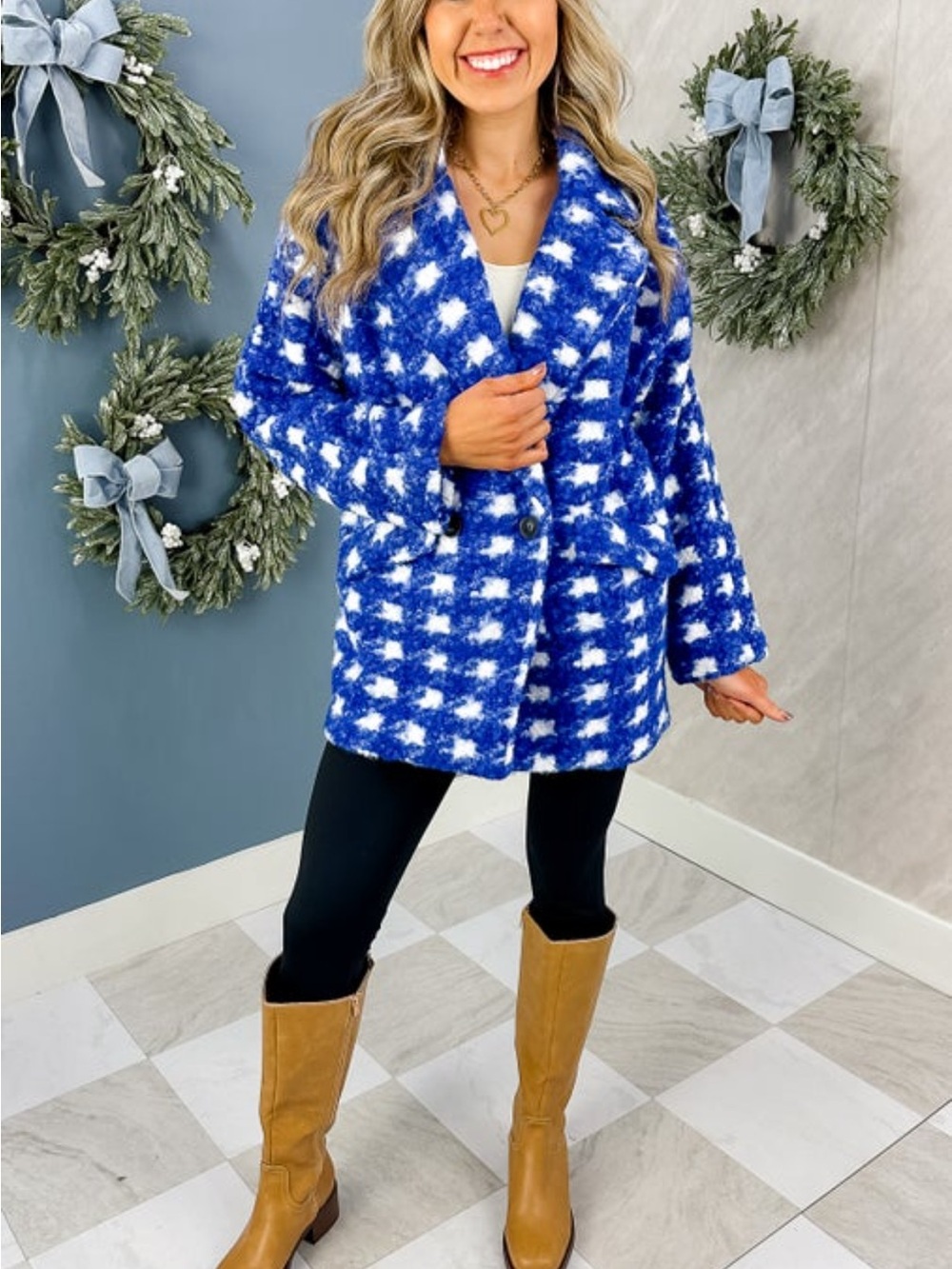 Active USA Blue & White Checked Fuzzy Pea Coat